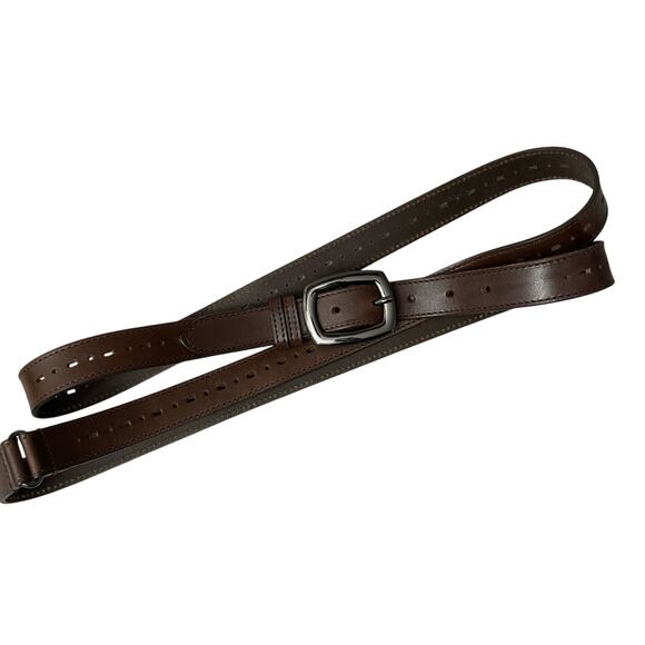 MaxMara Leather Wrap Belt Womens Medium Brown Gunmetal Buckle Perforated Itay 1" - Picture 1 of 7